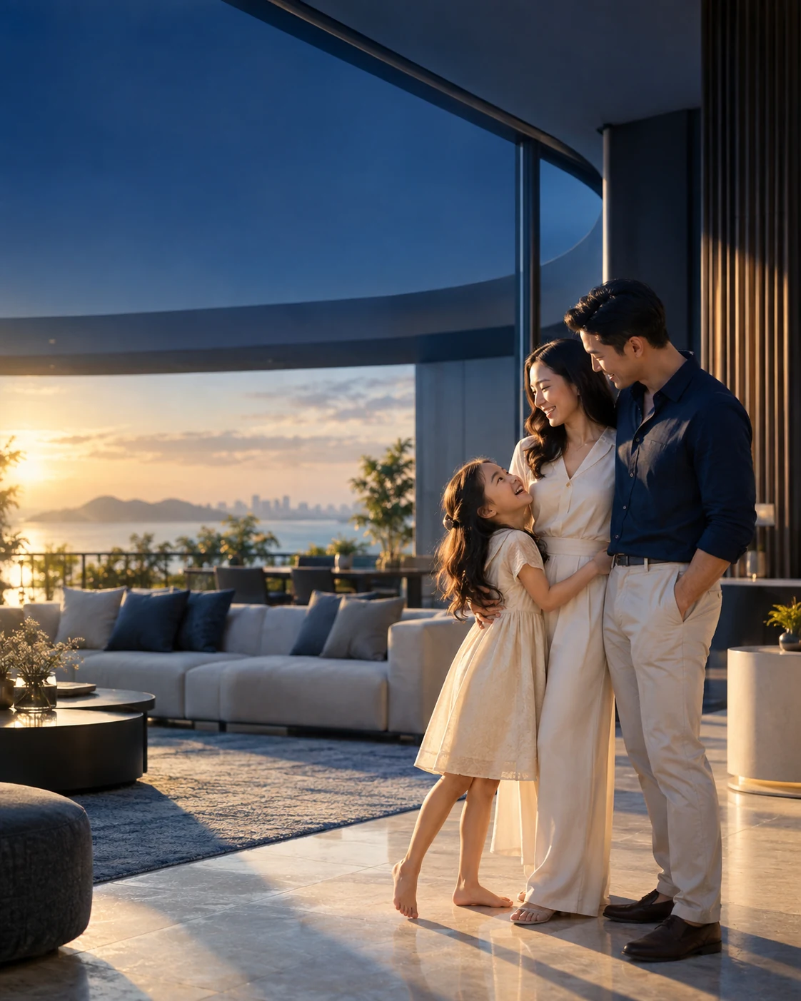 Gia đình bên nhau trong ngôi nhà hiện đại lúc hoàng hôn, hình ảnh minh họa